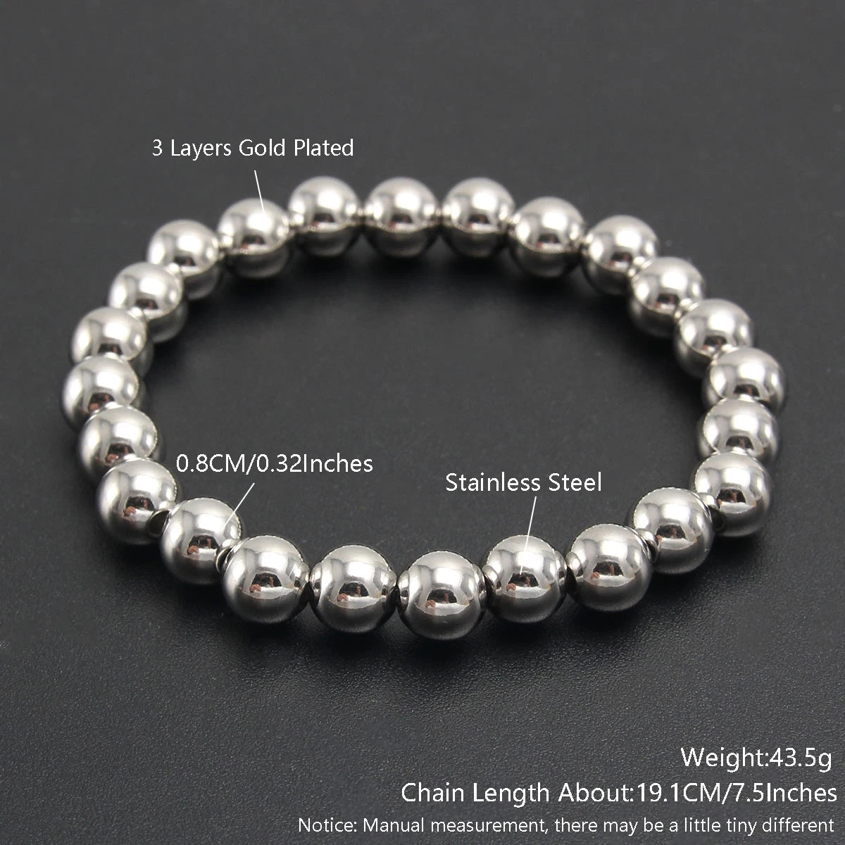 MHS.SUN Trend Stretch Stainless Steel Bracelets Gold Sliver Color 2MM 5MM 8MM Stacked Ball Beaded Bracelet For Women Men Jewelry