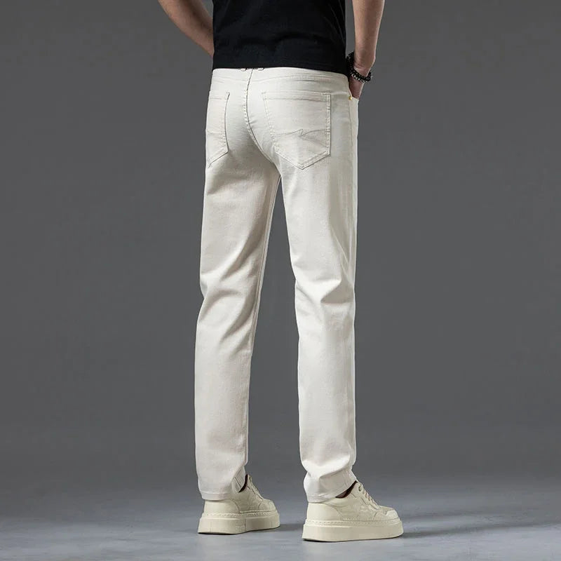 2024 New Summer Thin Men's Straight Denim Cotton Stretch Creamy-white Jeans Classic Business Pants Fashion Trousers Male Brand.