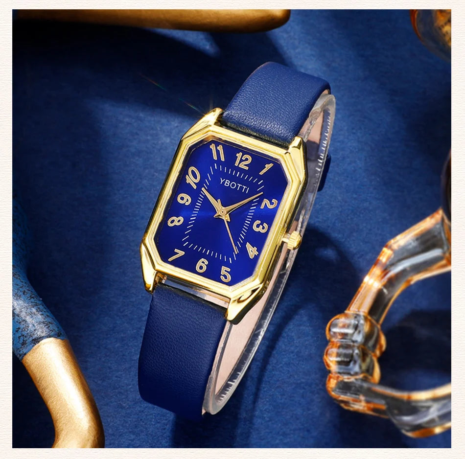 Luxury Fashion Square Women's Watches Brand Ladies Quartz Wristwatch Classic Simple Femme Blue Leather Band Relogio Feminino.