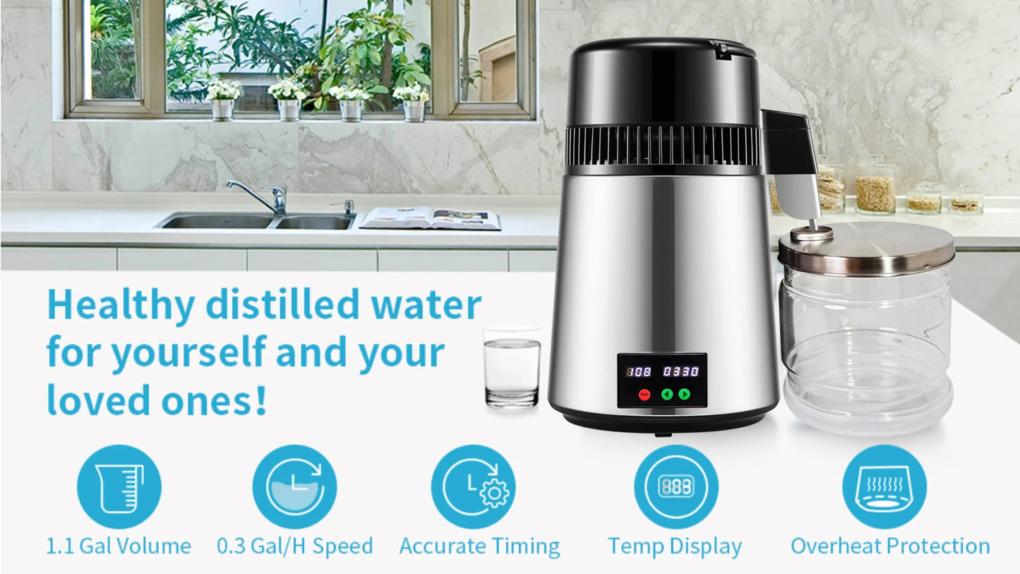 750W 4L Water Distiller Household Distilled Pure Water Machine Distillation Purifier Filter Stainless Steel Water Filter.