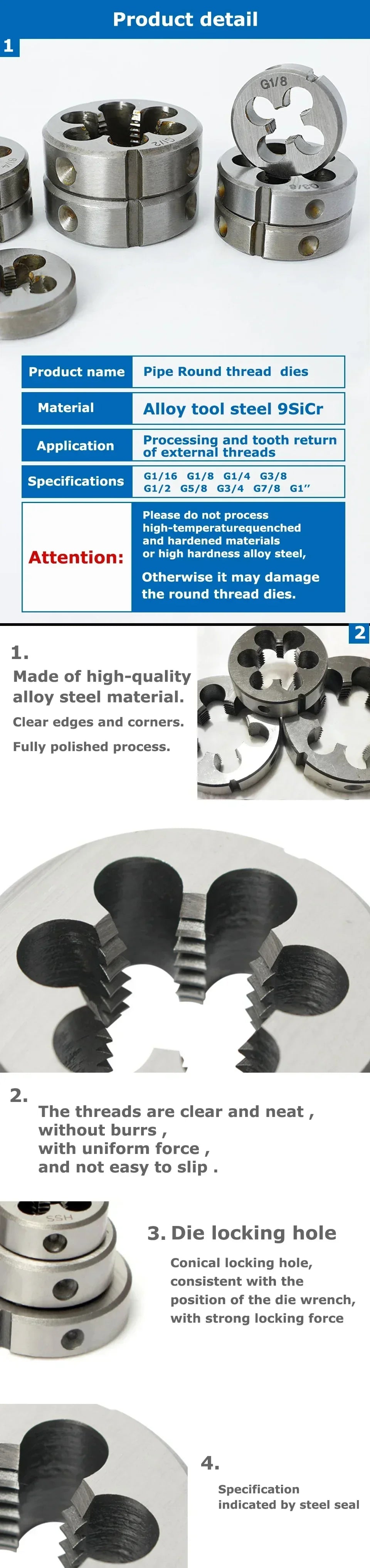 LIYU Rohrgewindeform, metrische runde Matrizen, G-Schneidwerkzeug für die rechte Hand, legierter Stahl, G1/16 G1/8 G1/4 G3/8 G1/2 G5/8 G3/4 G7/8 G1''