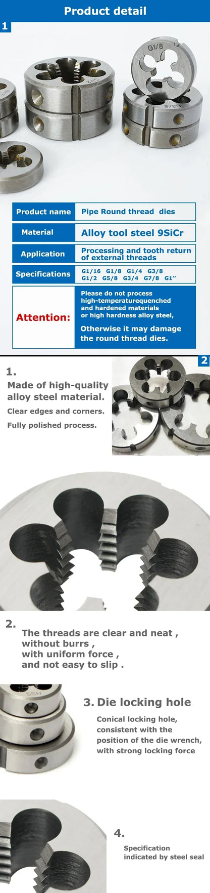 LIYU Rohrgewindeform, metrische runde Matrizen, G-Schneidwerkzeug für die rechte Hand, legierter Stahl, G1/16 G1/8 G1/4 G3/8 G1/2 G5/8 G3/4 G7/8 G1''