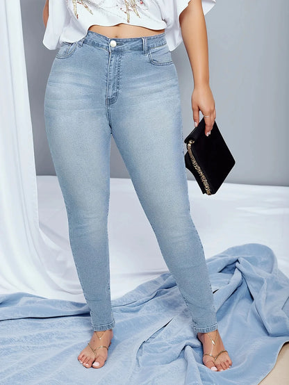 Classic Elastic Slim Fit Denim Jeans Mid Waist Cotton Blue Jeans Women's plus Size Jeans Fashionable Versatile Light Blue.