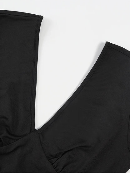 Schwarz Plissee Big Flare Overall Langarm V-ausschnitt Dünne Overall Hosen Frauen Sexy Schlanke Rückenfreie Langarm Hosen