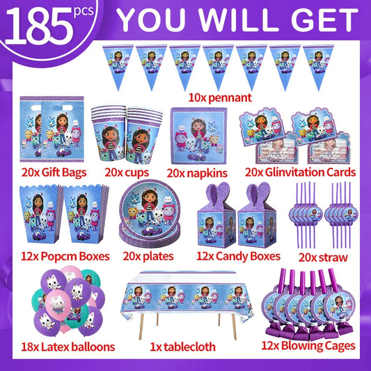Gabby Puppenhaus-Geburtstagsparty-Dekorationsset, Papierservietten, Teller, Tassen, Mädchengeschirr, Zubehör für Jungen, Babyparty, für Kinder, Geschenke.