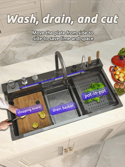 New Stainless Steel Waterfall Kitchen Sink  Large Single Slot Many Different Styles of Sinks Multifunctional Wash Bowl