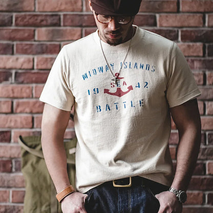 Maden Vintage Letter Print Cotton Short Sleeve T-Shirt Men's Summer Loose Fit Ribbed Crew Neck Tee Casual Street Tops for Daily.