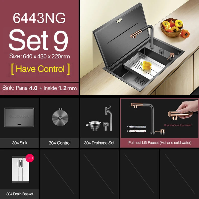 Nanometer Black Hidden kitchen Sink SUS 304 Stainless Steel 4mm Thickness Flip Cover Hidden Handmade kitchen Sinks