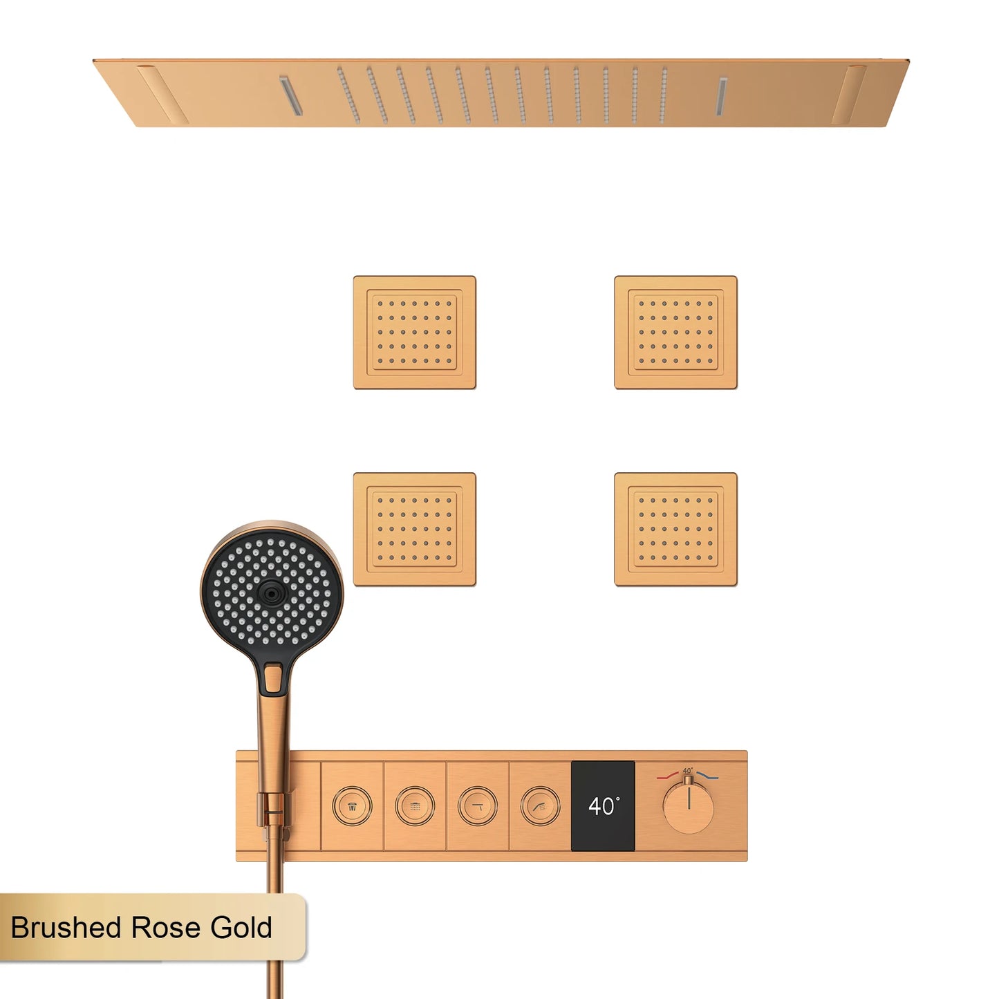 Deckenmontiertes thermostatisches LED-Digitalanzeige-Duschsystem. Eingebetteter Badmischer aus Messing im Wasserfallstil für heißes und kaltes Wasser