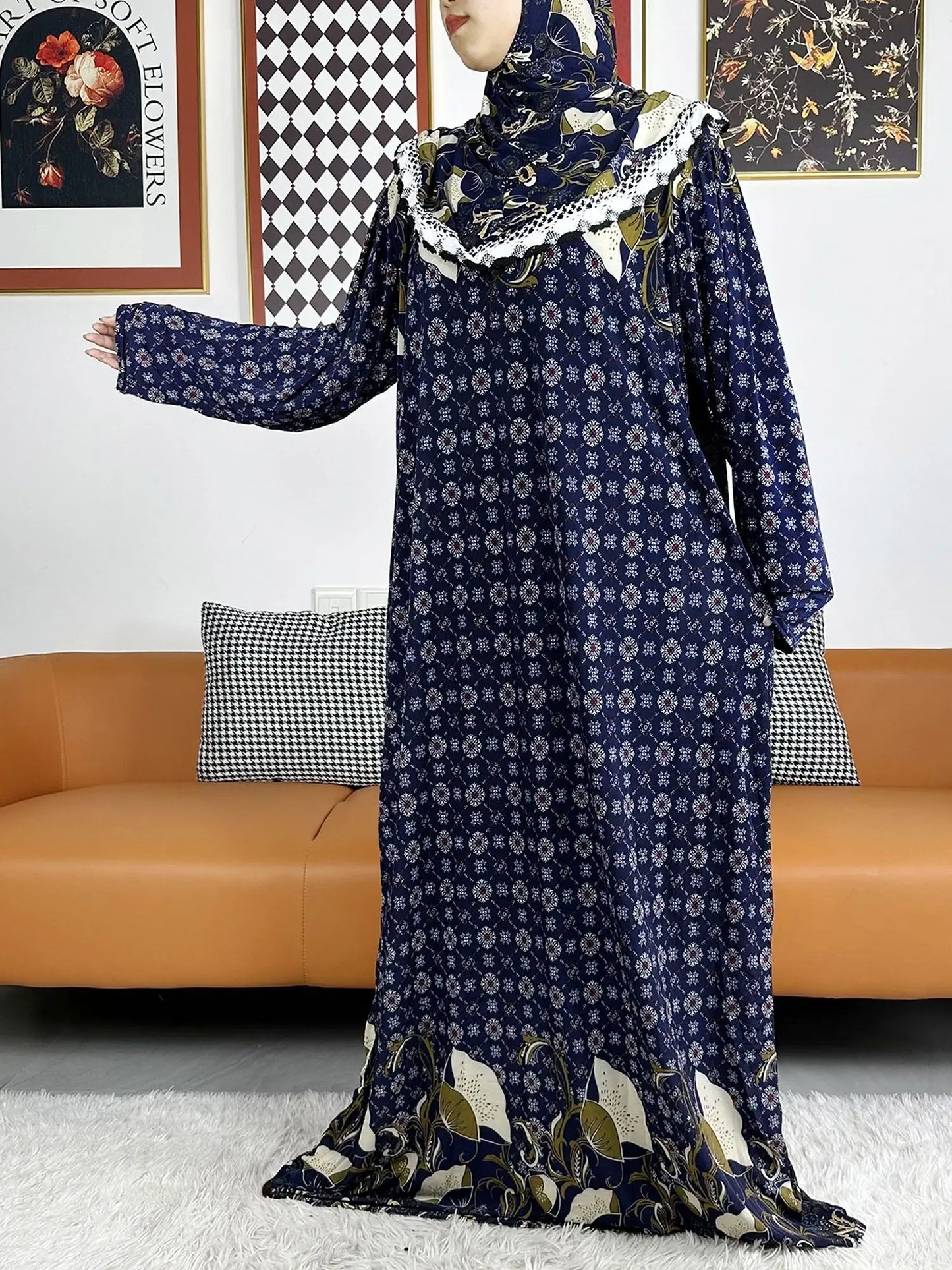 2023 Muslim Solid Cotton Abaya For Women Ramadan Prayer Garment Joint Hat Dubai Turkey Middle East Femme Robe Floral Loose Dress.