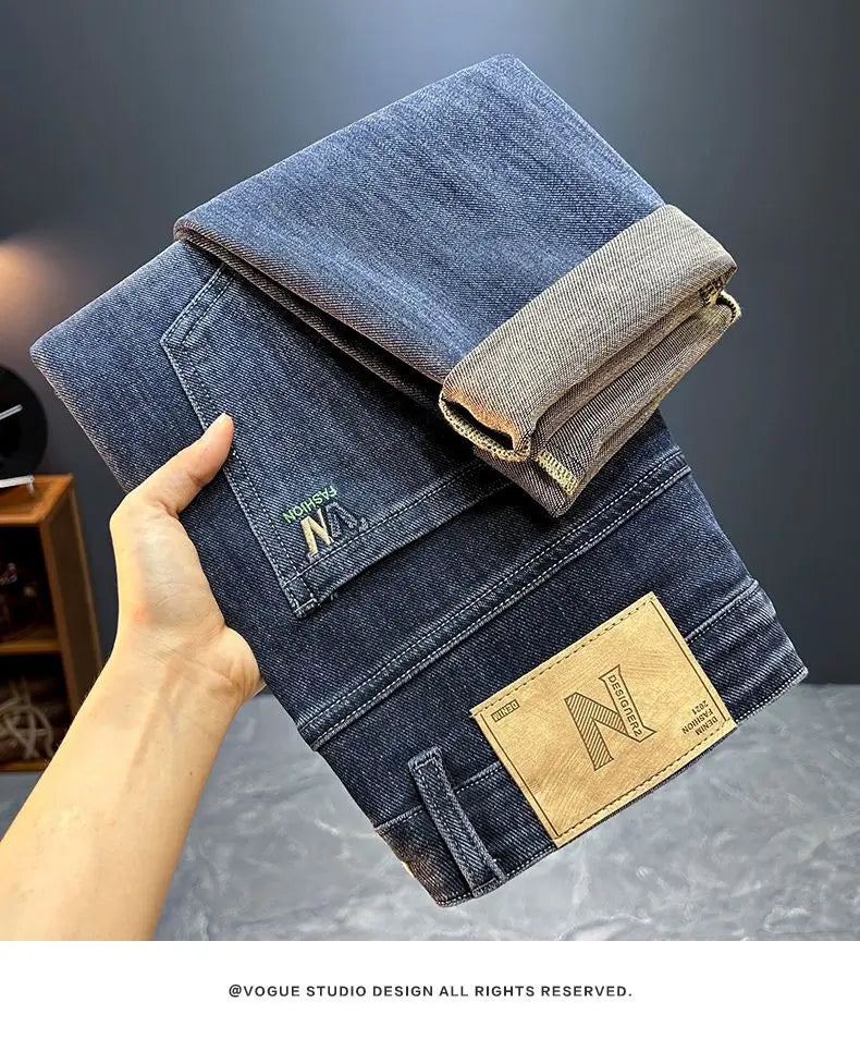 Men's Slim Straight Jeans Fashion Korean Autumn Trousers Comfortable Elastic Black Blue Fitted Business Casual Denim Pants.