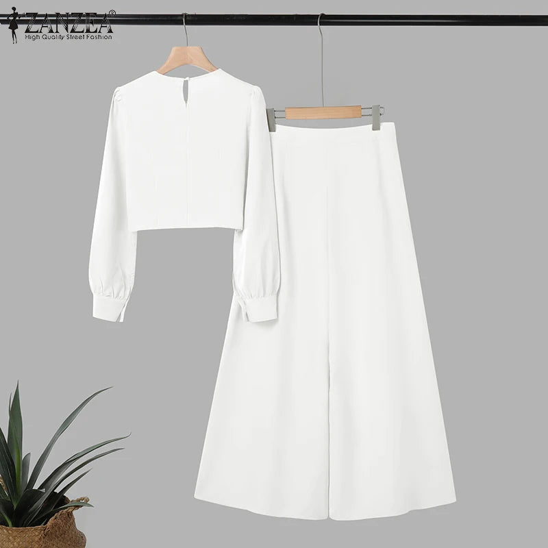 2025 ZANZEA Autumn Pant Sets 2PCS Women Outfits Long Sleeve Cropped Tops Wide Leg Trousers Solid Tracksuits Suit Matching Sets.