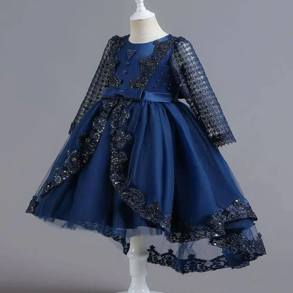 Party-Tüll-Kleider für Mädchen, langärmelig, Spitze, Perlen, nachgestelltes Prinzessinnenkleid für Kinder, Hochzeit, Geburtstag, Performance, Abendkleid