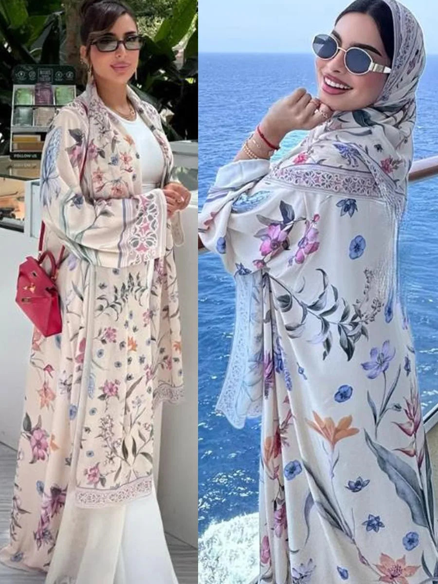 Muslim Women Dubai Abaya Luxury Floral Print Kimono Cardigan Hijab Long Dress Kaftan Ramadan Robe Femme Islam Clothing Kebaya.