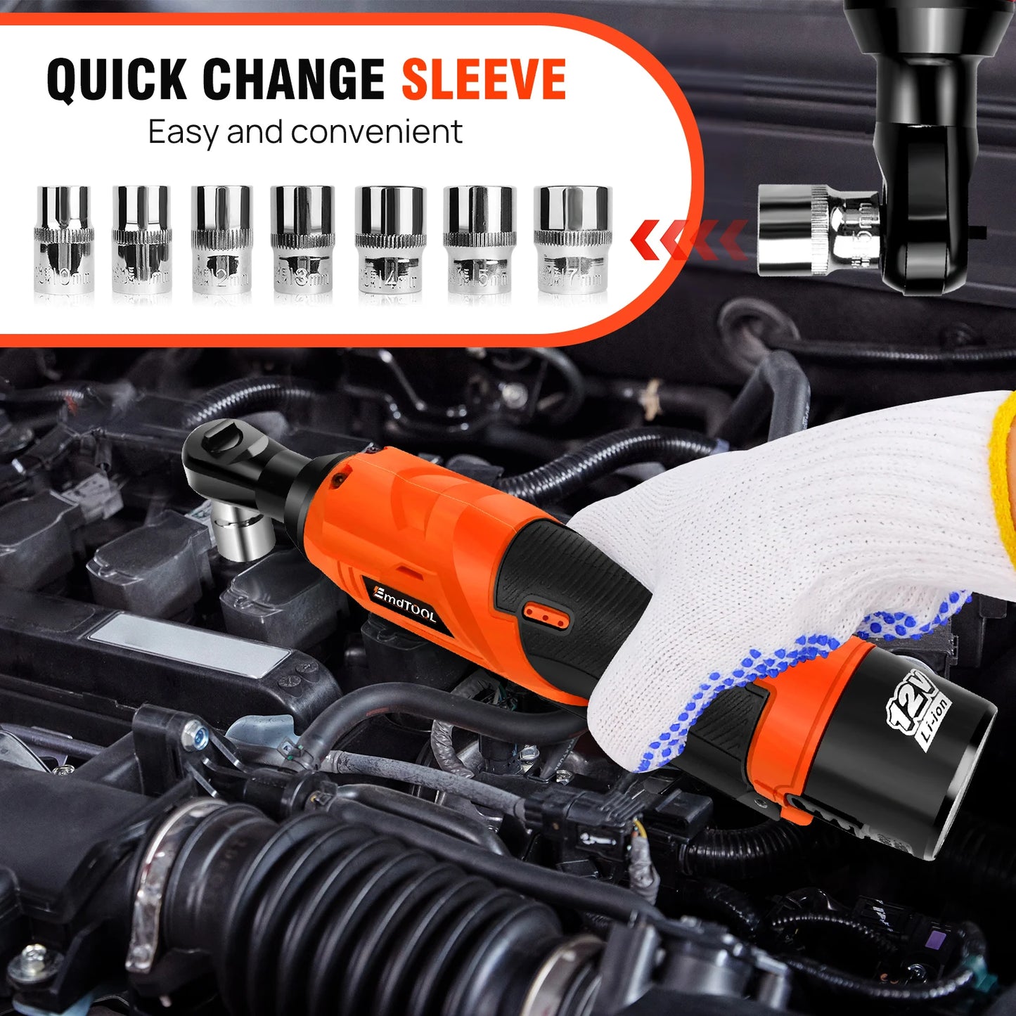 DayPlus 3/8 Zoll kabelloser elektrischer Ratschenschlüssel, 12 V Power-Ratschengerät 200 NM mit 2 x 1500 mAh-Batterien 90 °   Winkelschlüssel, 7 Steckdosen