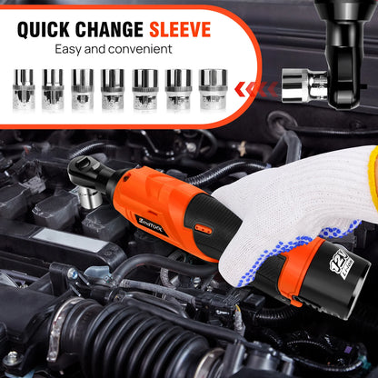 DayPlus 3/8 Zoll kabelloser elektrischer Ratschenschlüssel, 12 V Power-Ratschengerät 200 NM mit 2 x 1500 mAh-Batterien 90 °   Winkelschlüssel, 7 Steckdosen