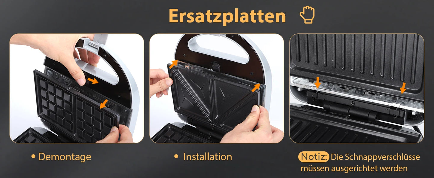 Aigostar Sandwich Maker 3 in 1: Electric Sandwich Maker, Grill and Waffle Maker, 3 Removable Non-Stick and Interchangeable Plates.