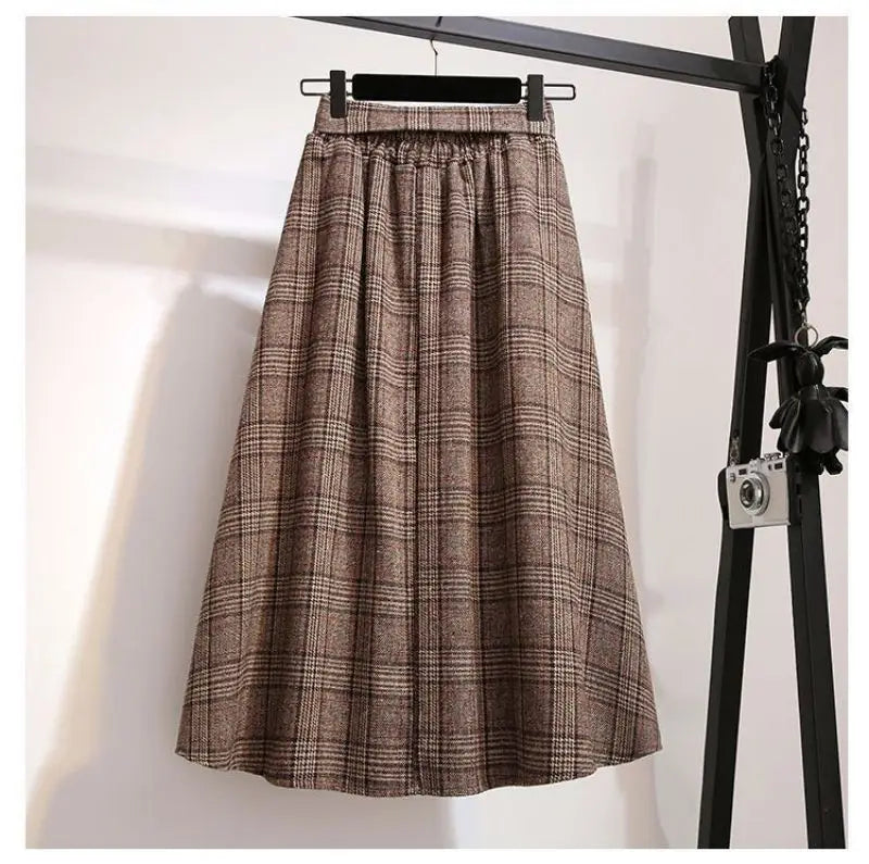 Khaki Plaid Vintage A-line High Waist Lace Up Buttons Loose Women's Skirt Mid-Calf Long Skirts For Women Clothing Fashion 2024.