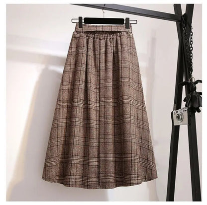 Khaki Plaid Vintage A-line High Waist Lace Up Buttons Loose Women's Skirt Mid-Calf Long Skirts For Women Clothing Fashion 2024.