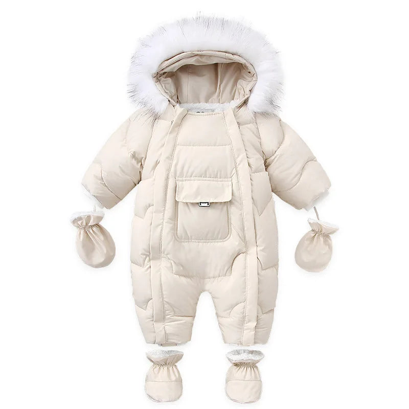 AYNIGIELL 2024 Winter Neugeborenen Verdickung Overall Integrierte Wolle Mit Kapuze Unten Strampler Baby Jungen und Mädchen Warme Schneefeste Overalls