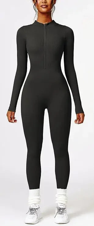 Seamless Long Sleeve Yoga Suit Waist-Fitted Shaping Trousers Casual Sports One-Piece Zippered Fitness Wear.