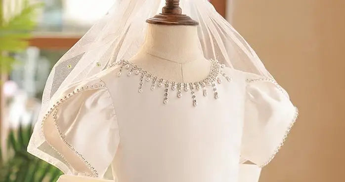 Sommer Solide Perlen Prinzessin Kleid Rundhals Elegante Kinder Brautjungfer Kleidung Luxus Kleider für Hochzeit Edle Kind Kleidung.