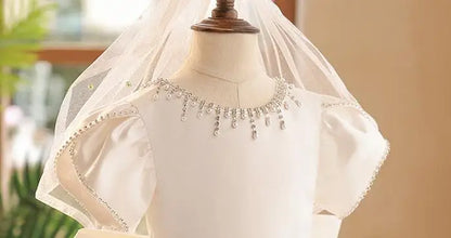 Sommer Solide Perlen Prinzessin Kleid Rundhals Elegante Kinder Brautjungfer Kleidung Luxus Kleider für Hochzeit Edle Kind Kleidung.