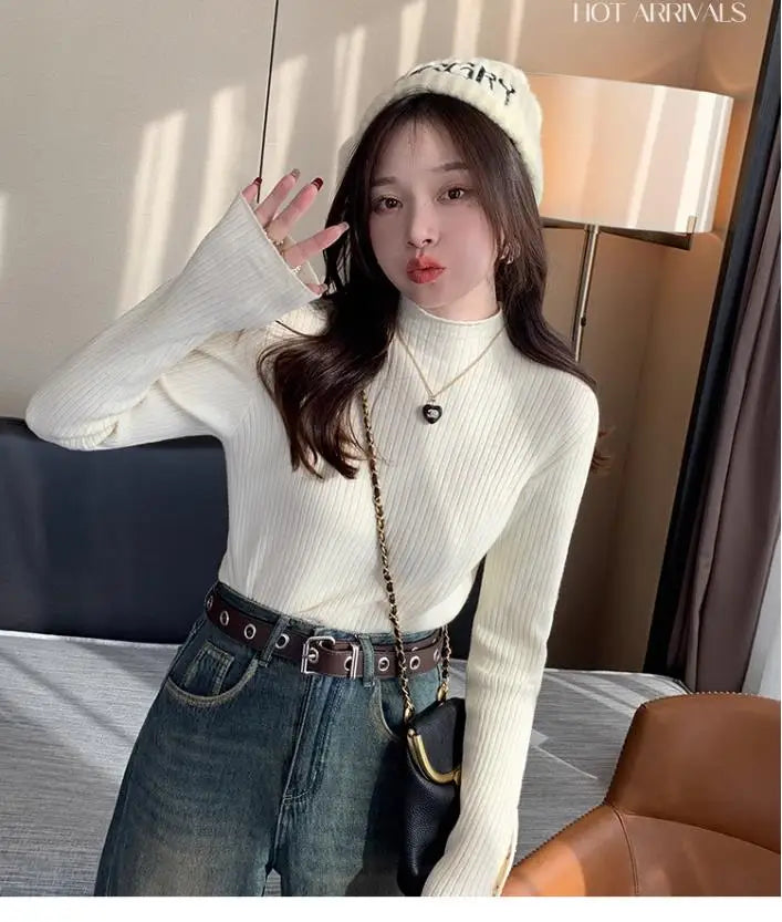 2025, weibliche Casual Tops Pullover Frauen Herbst Winter Gestrickte Dünne Pullover Feste Taste Volle Hülse Halb Hohen Kragen Pullover.