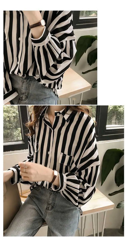 1pcs Woman Spring Autumn Stripe Shirts Lady Casual Long Sleeve Turn-down Collar Loose Shirt Female Chiffon Temperament Tops.
