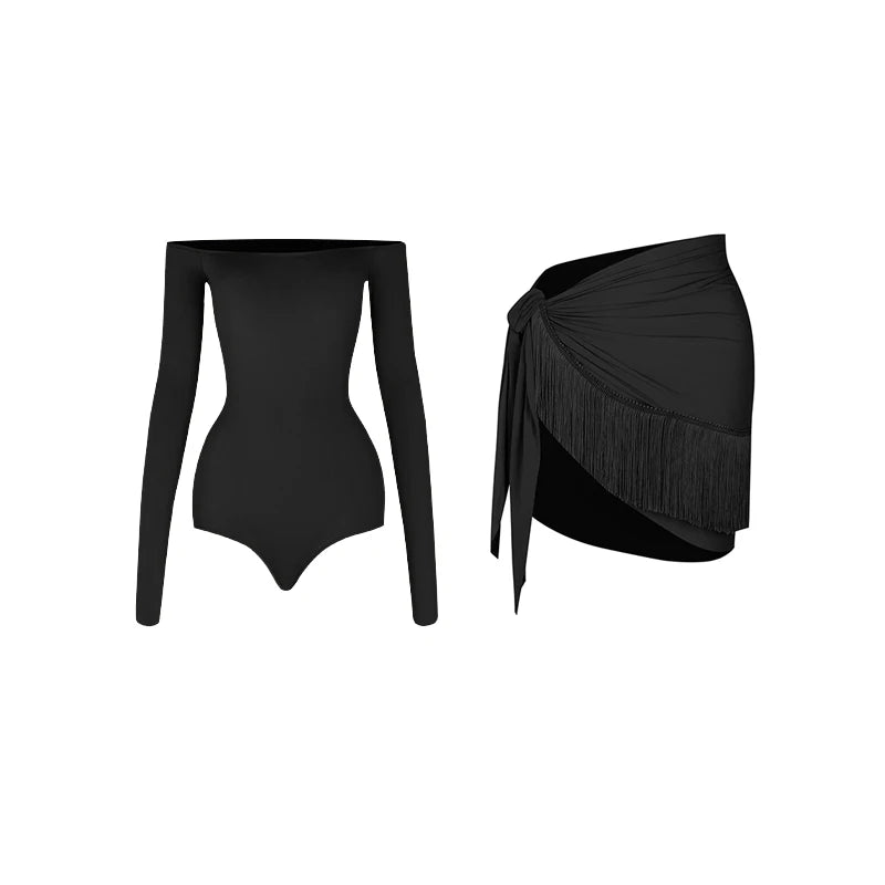 ZYM Off Shoulder Latin Dance Dress Women Long Sleeves Fringe Dress Adult Rumba Dance Practice Wear Performance Clothing DNV22221