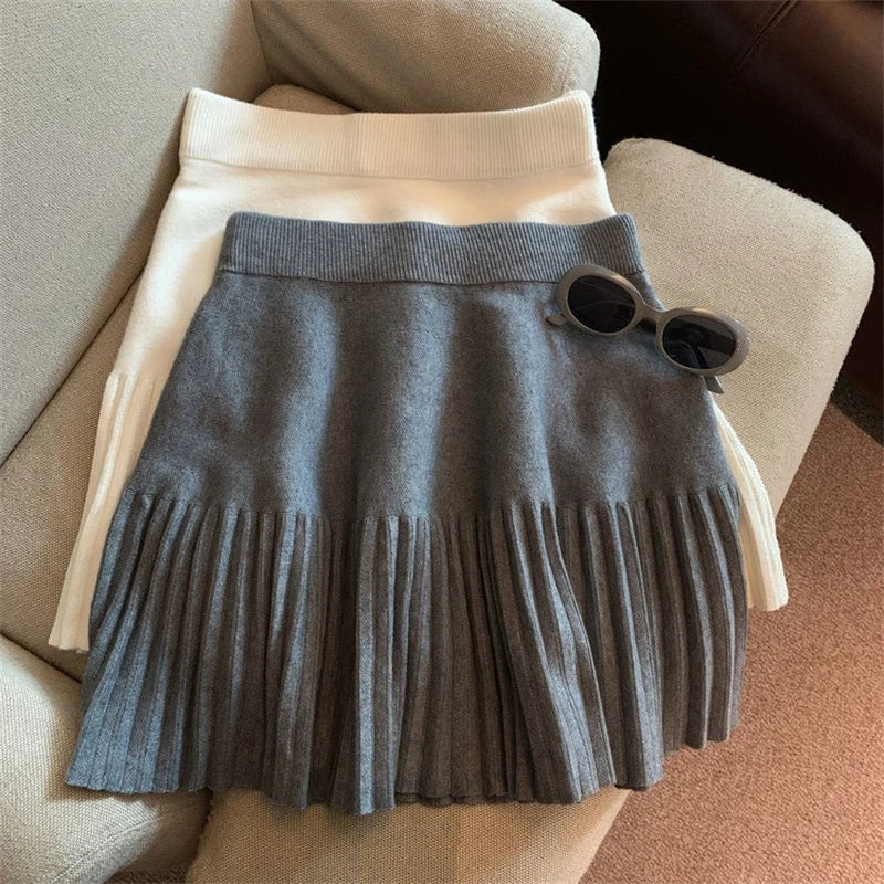 Pleated Mini Skirts Korean Sweet Knitted Skirts Sweet Elastic Waist Ladies Casual Youthful For Women's Clothes Solid Fashion New.
