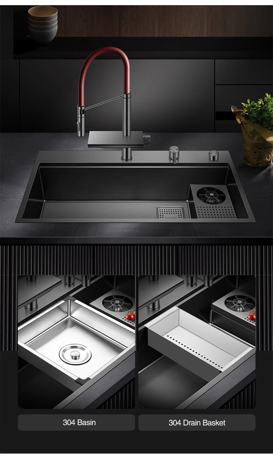 ASRAS New Waterfall Faucet Kitchen Sinks Nanometer Large Size 4mm Panel Handmade Sinks Cup Rinser Kitchen Sinks
