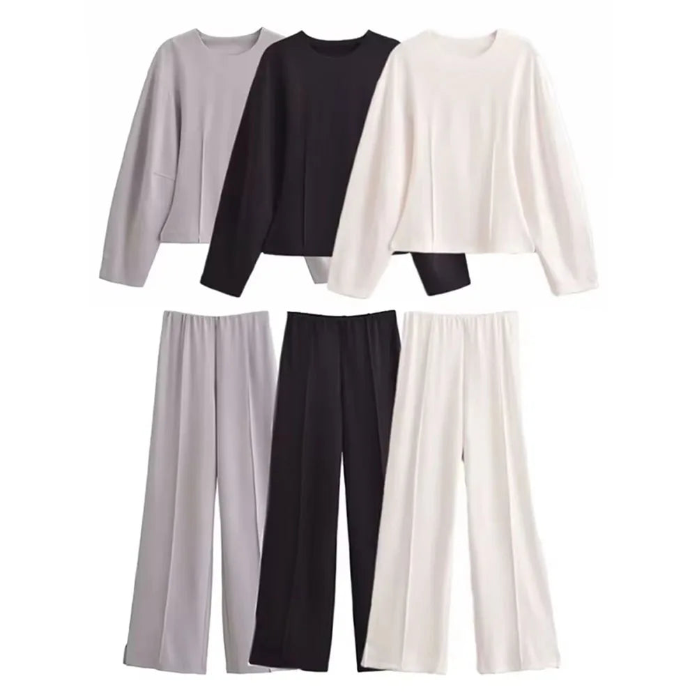 HH Women's 2-Piece Set Fashion Slimming Double-Sided Fabric Round Neck Long-Sleeve Top+Elegant Stretch Casual Wide Leg Pants.