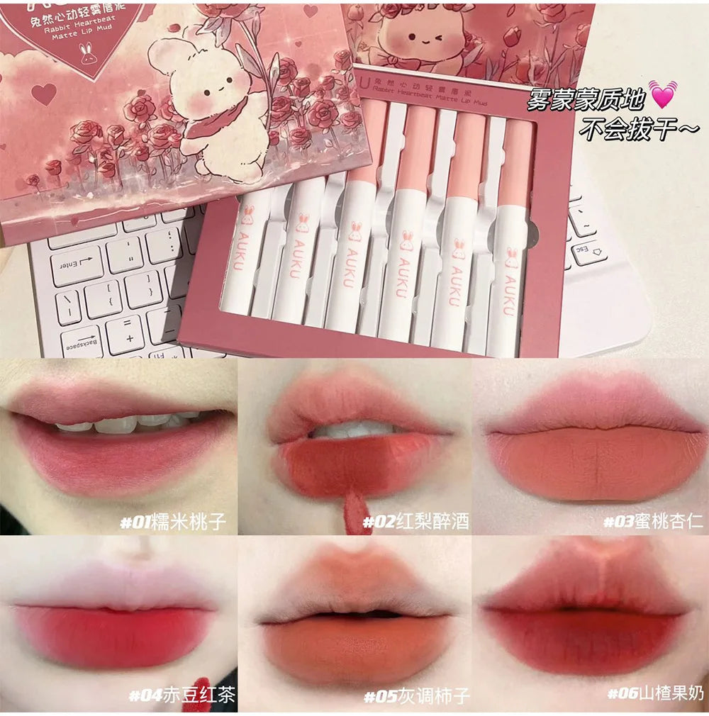 6 PCS Kawaii Lipsticks Set Free Shipping Korean Make Up Beauty Cosmetics Matte Lip Mud Waterproof Long lasting Makeup for women.