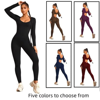 Long sleeve trousers jumpsuits, back cut design, beautiful hip line, clothing suitable for sports and exercise.