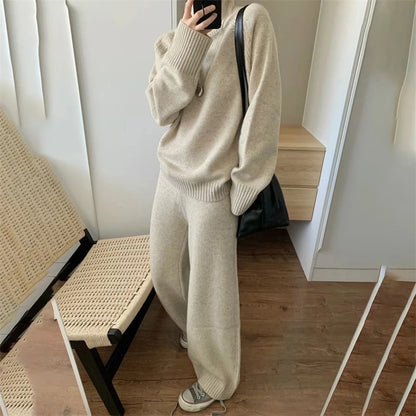 Zweiteiliger Anzug aus 100 % Merinowolle für Damen, O-Kragen-Pullover, Pullover, weites Bein, Hosen-Set, Herbst-Winter, lockere, bequeme Strickwaren