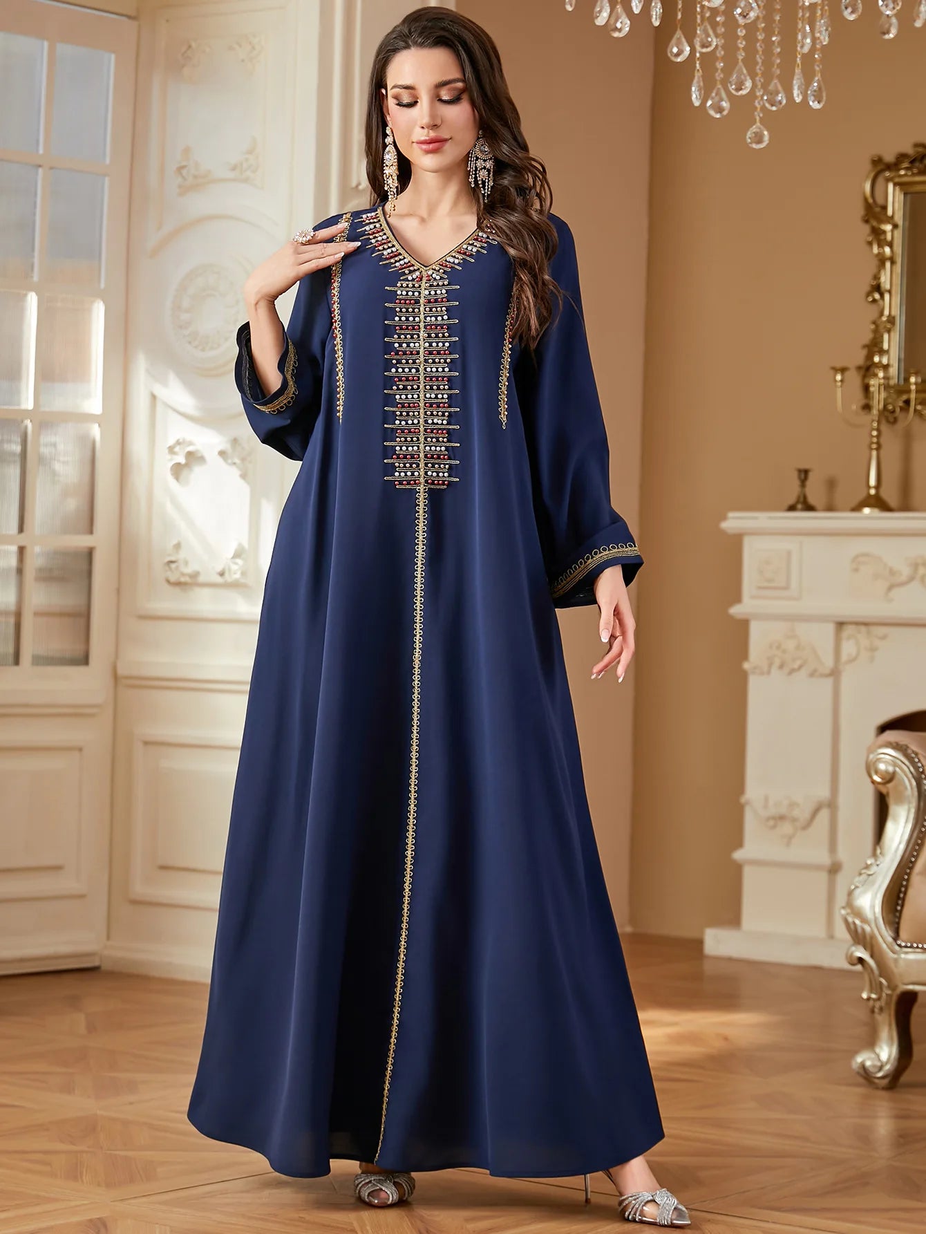 Elegant V-Neck Beading Embroidery Abaya For Muslim Woman 2025 Casual Loose Moroccan Saudi Dubai Kuwait Morocco Stylish Kebaya.