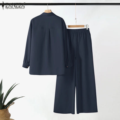 ZANZEA Fashion Women Casual Trousers Suits 2PCS Autumn Long Sleeve Blouse Solid Wide Leg Pants Sets Loose Work Tracksuit Outifit