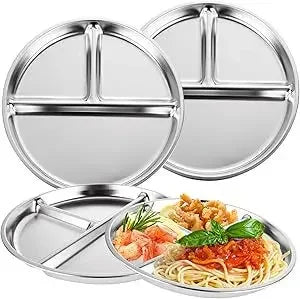 23CM Creative Round Stainless Steel 3 Grid Durable Dinner Plate Serving Tray For Kids Student Quantitative Proportion Meal Plate.