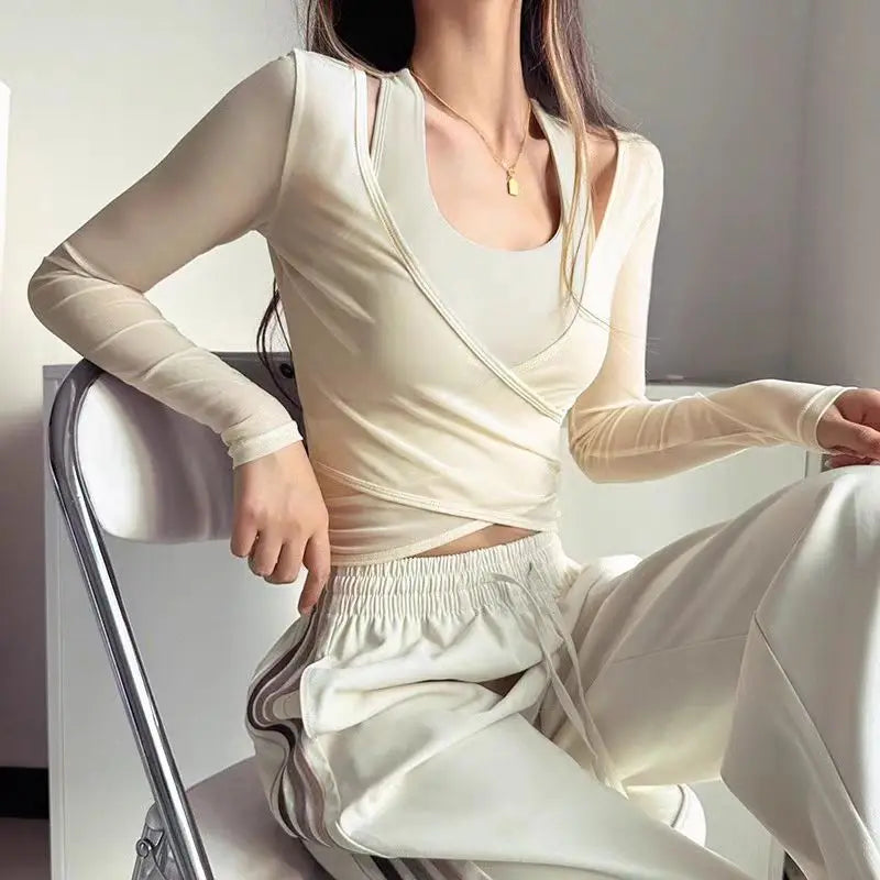 Sexy Mesh Slimming Yoga Suit for Women, Gathering Together, Sports Bra, Two Pieces, Quick Dry Training, Pilates Cover Up Blouse.