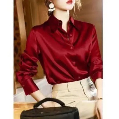 Spring Summer Casual Women's Satin Shirt Lapel Long Sleeve Blouse Loose Solid Color Office Lady Fashion Shirts Top