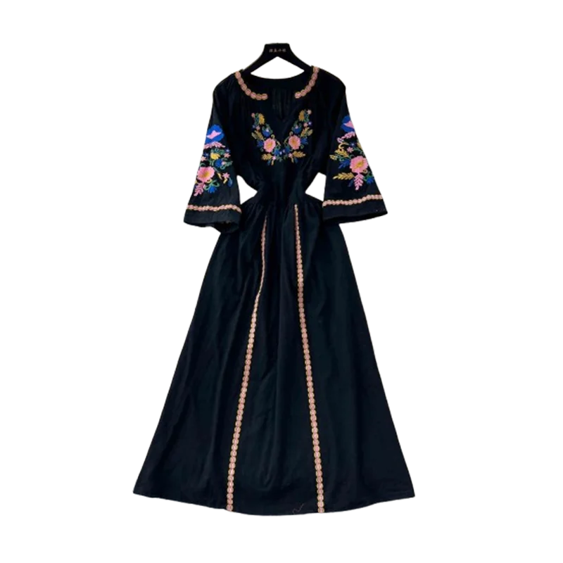 Sommer Freizeit Urlaub Langes Kleid für Frauen Neue Retro Ethnischen Stil Bestickt V-ausschnitt Ausgestellte Ärmel Taille Cinched Kleid D27.