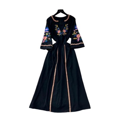 Sommer Freizeit Urlaub Langes Kleid für Frauen Neue Retro Ethnischen Stil Bestickt V-ausschnitt Ausgestellte Ärmel Taille Cinched Kleid D27.