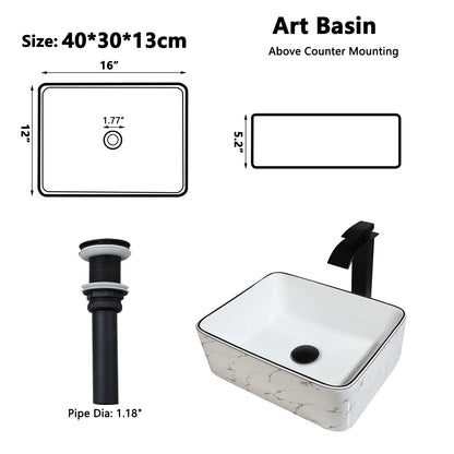 JIENI Keramik-Badezimmer-Waschbecken-Set, quadratisch, Porzellan, Arbeitsplatte, Waschbecken, Wasserhahn, Pop-Up-Abfluss, kombiniertes modernes Waschbecken-Set