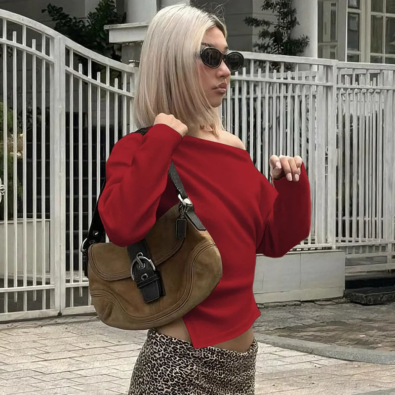 Mozision Inclined Shoulder Long Sleeve Sexy T-shirt Women Autumn Fashion Solid Skew Collar Backless Ruched Club Party T-shirts.