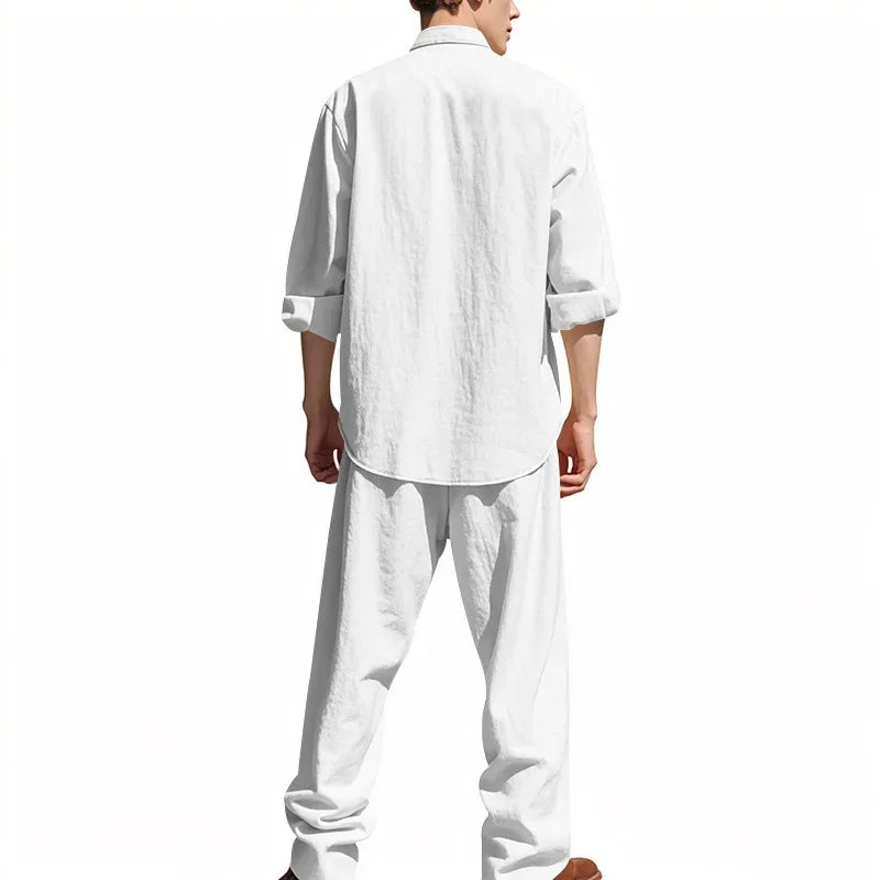 2025 Cross-border American Four Seasons Linen Men's Casual Suit Loose Long Sleeve Pants Shirt Suit Men's.