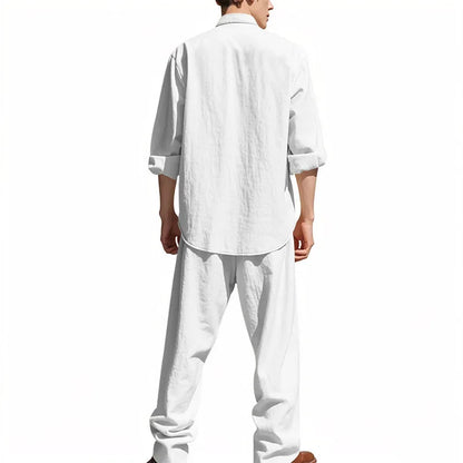 2025 Cross-border American Four Seasons Linen Men's Casual Suit Loose Long Sleeve Pants Shirt Suit Men's.