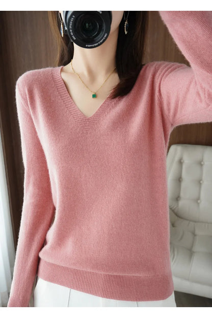 Neue Kaschmir frauen V-ausschnitt Pullover Spitze Neck Aushöhlen Design Beiläufige Gestrickte Lange Hülse frauen Pullover Herbst Und winter