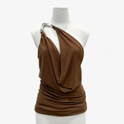 Women's One-Shoulder Metal Button Lace-Up Tank Top,Fashion Sexy Backless Ruched Top,High Quality Cotton Tops,Spring,New,2025.