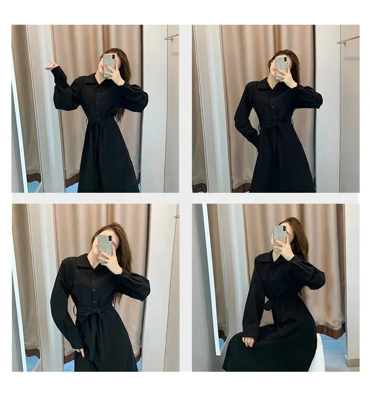 Hebenopis Damen Langes Kleid 2025, Frühling und Herbst, neues, tailliertes, schlankmachendes, elegantes schwarzes Kleid, Kleidung, schmale Passform für Damen.